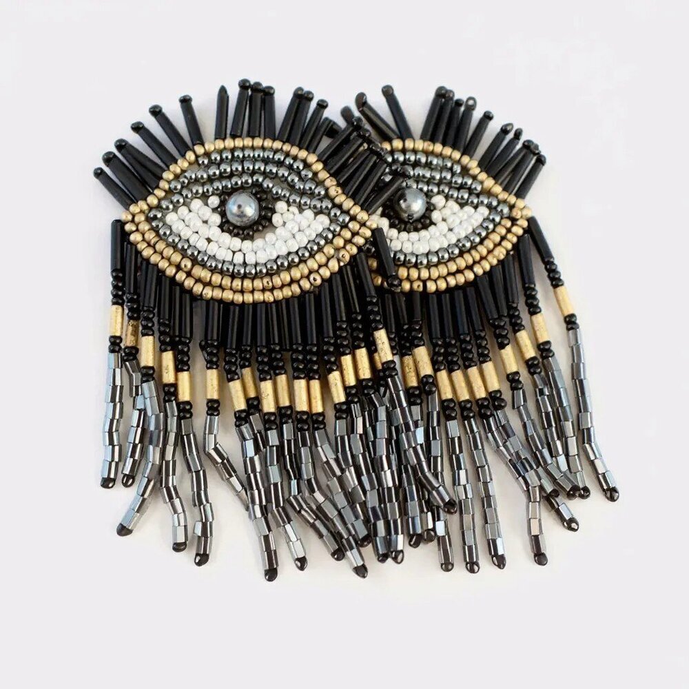 Evil Eye Beaded Earrings with Beaded Fringe Black and Gold